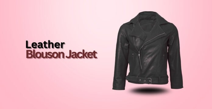 Black leather blouson jacket with zipper details displayed on a pink gradient background.