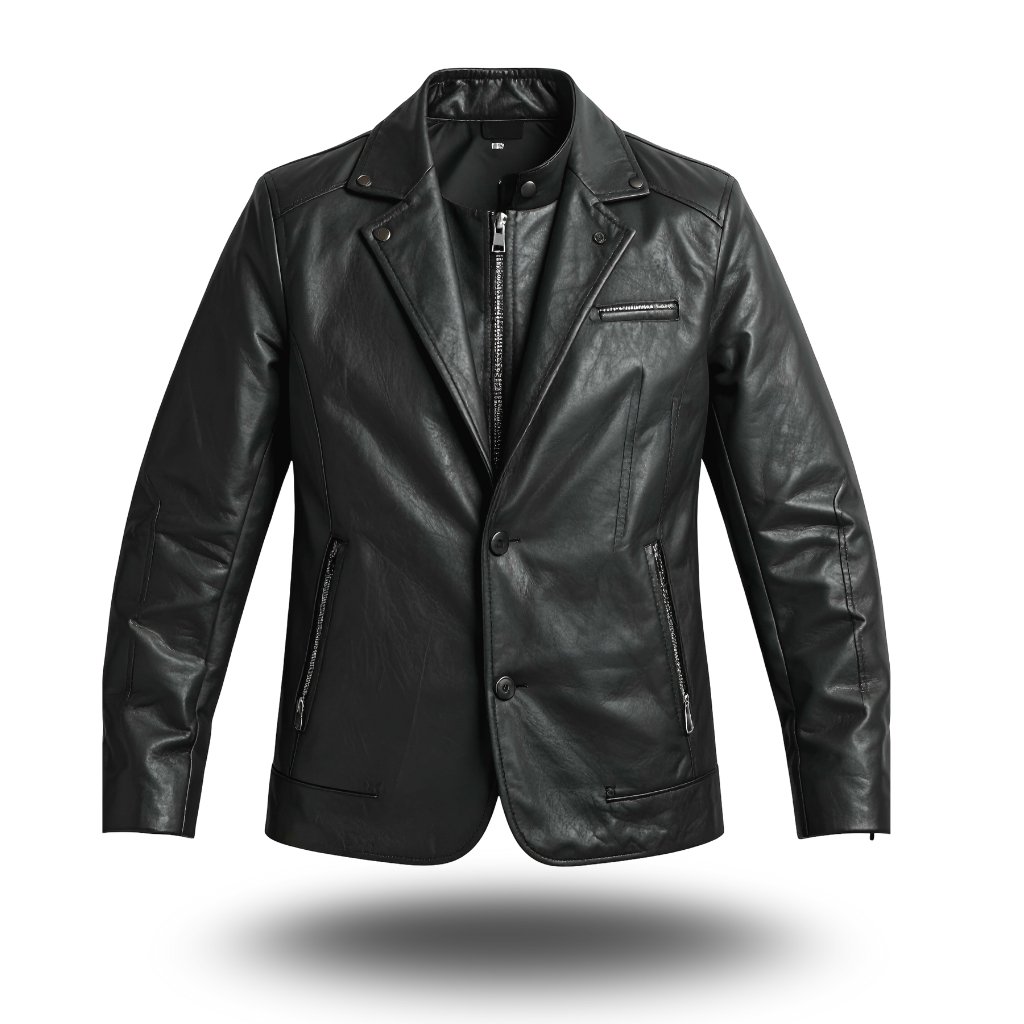 Black leather blouson jacket with a tailored fit, zippered pockets, and a zip-front closure; features a notched lapel, snap buttons, and subtle seam detailing.
