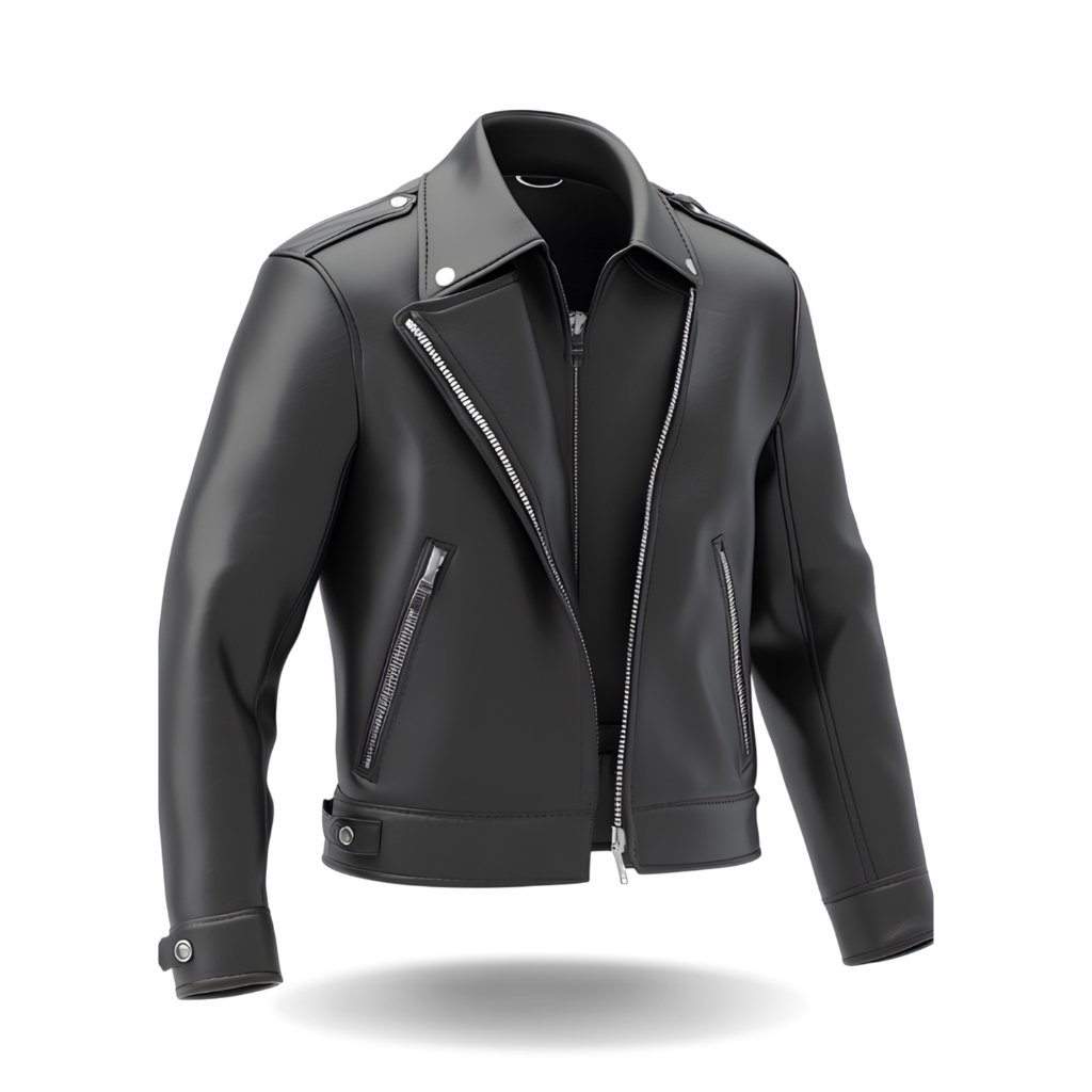 A dark gray/black leather blouson jacket with an asymmetrical silver zipper, snap-fastened shoulder straps, zippered pockets, and a wide notched collar.