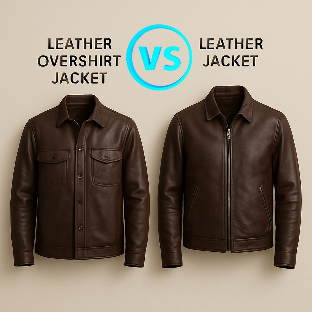 Leather Overshirt Jacket: A Modern Classic for All Seasons 10 Two brown leather jackets hanging side by side: a leather overshirt jacket on the left with snap buttons and chest pockets, and a leather jacket with a full zipper on the right. A blue 'VS' circle sits above them, labeled 'Leather Overshirt Jacket' and 'Leather Jacket'