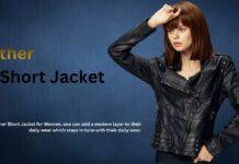 Leather Short Jacket for Women: Style & Comfort "A woman wearing a black leather short jacket, posing with one hand on her head against a dark blue background; the text 'Leather Short Jacket' appears on the left."