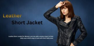 Leather Short Jacket for Women: Style & Comfort "A woman wearing a black leather short jacket, posing with one hand on her head against a dark blue background; the text 'Leather Short Jacket' appears on the left."