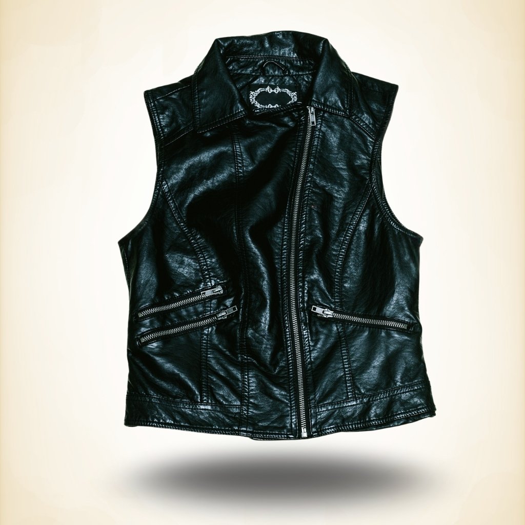 Black leather sleeveless vest with a front zipper and zippered pockets, laid flat on a light background.