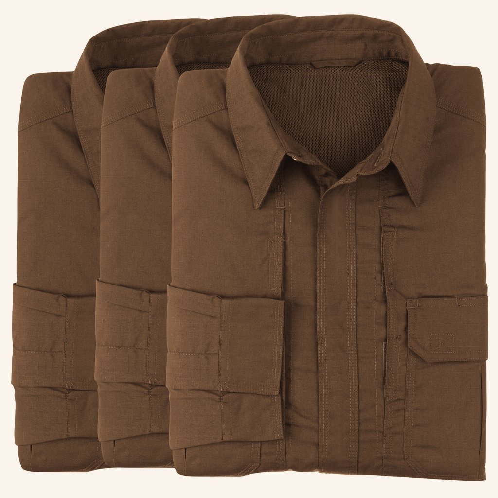 Three brown cargo-style jackets folded and layered, showing collars and pockets.