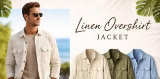 Why the Linen Overshirt Jacket is a Sustainable Fashion Hero A man wearing a light linen overshirt jacket and sunglasses stands outdoors near a beach, with a collage of four linen jackets in beige, olive, and blue hues shown on the right.