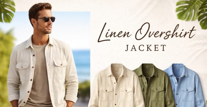 A man wearing a light linen overshirt jacket and sunglasses stands outdoors near a beach, with a collage of four linen jackets in beige, olive, and blue hues shown on the right.