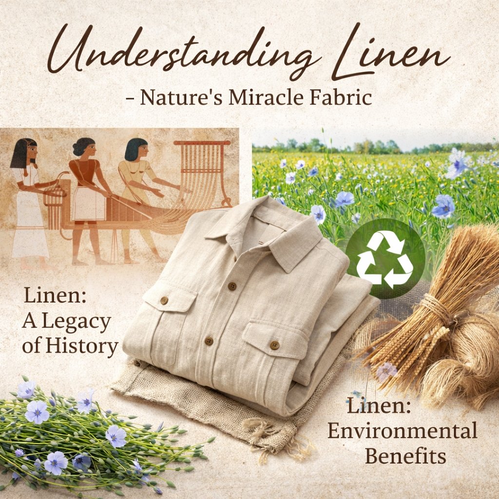 A collage-style infographic about linen, showing a folded linen shirt, a background image of linen fields, flax flowers, a recycling symbol, and a bundle of straw. Text reads “Understanding Linen – Nature’s Miracle Fabric” with subtopics “Linen: A Legacy of History” and “Linen: Environmental Benefits.”