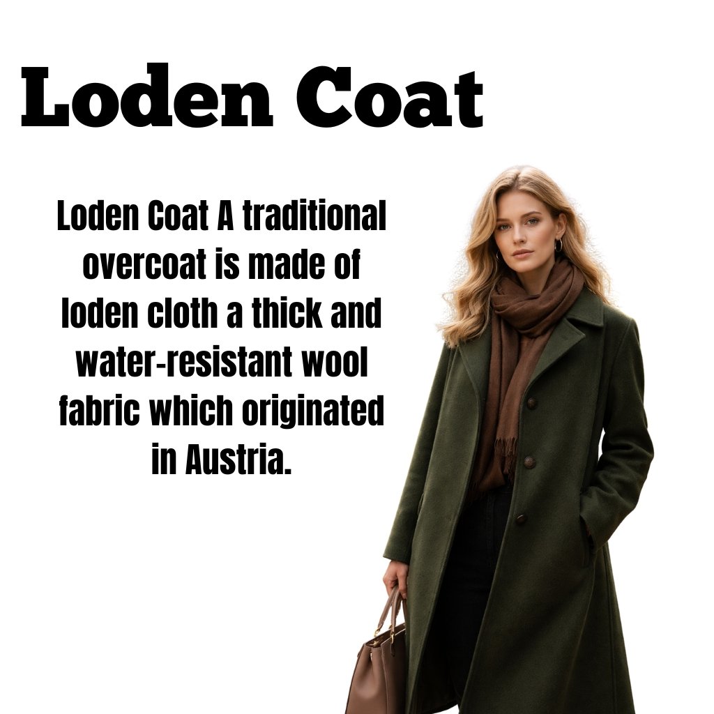 A woman wearing a dark green overcoat and brown scarf stands against a white background, with bold black text on the left that reads 'Loden Coat' and multi-line supporting text.