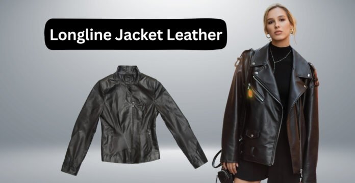 A black leather longline jacket displayed on a plain background, with a person wearing a similar leather jacket on the right