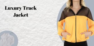 Luxury Track Jacket: Your Guide to High-End Athleisure Style A stylish yellow and black jacket with a sheer black mesh yoke, worn by a model. The left side features a pale gray circular inset of white polka-dot shirts against a textured light background, with the bold black text ‘Luxury Track Jacket’ on the left.
