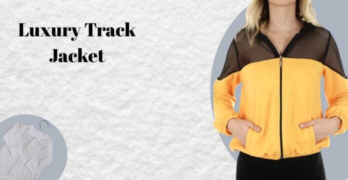 A stylish yellow and black jacket with a sheer black mesh yoke, worn by a model. The left side features a pale gray circular inset of white polka-dot shirts against a textured light background, with the bold black text ‘Luxury Track Jacket’ on the left.