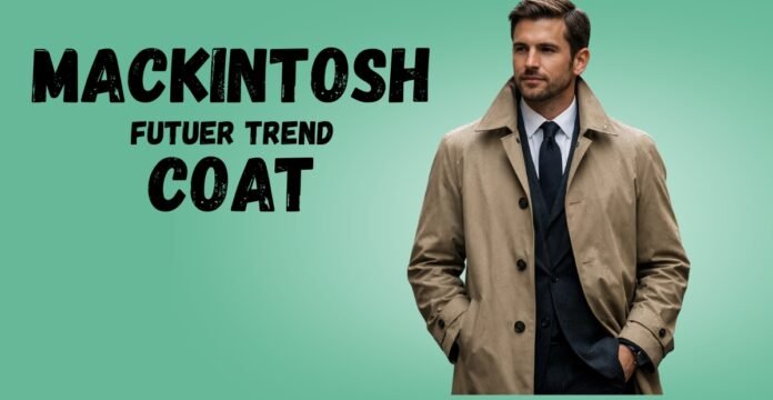 A stylish man wearing a tan Mackintosh future trend coat over a dark suit and tie, standing against a green gradient background.