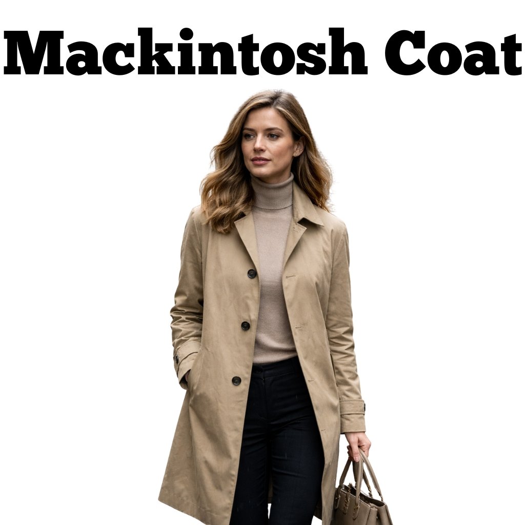 Woman in a beige trench coat holding a handbag, walking forward.