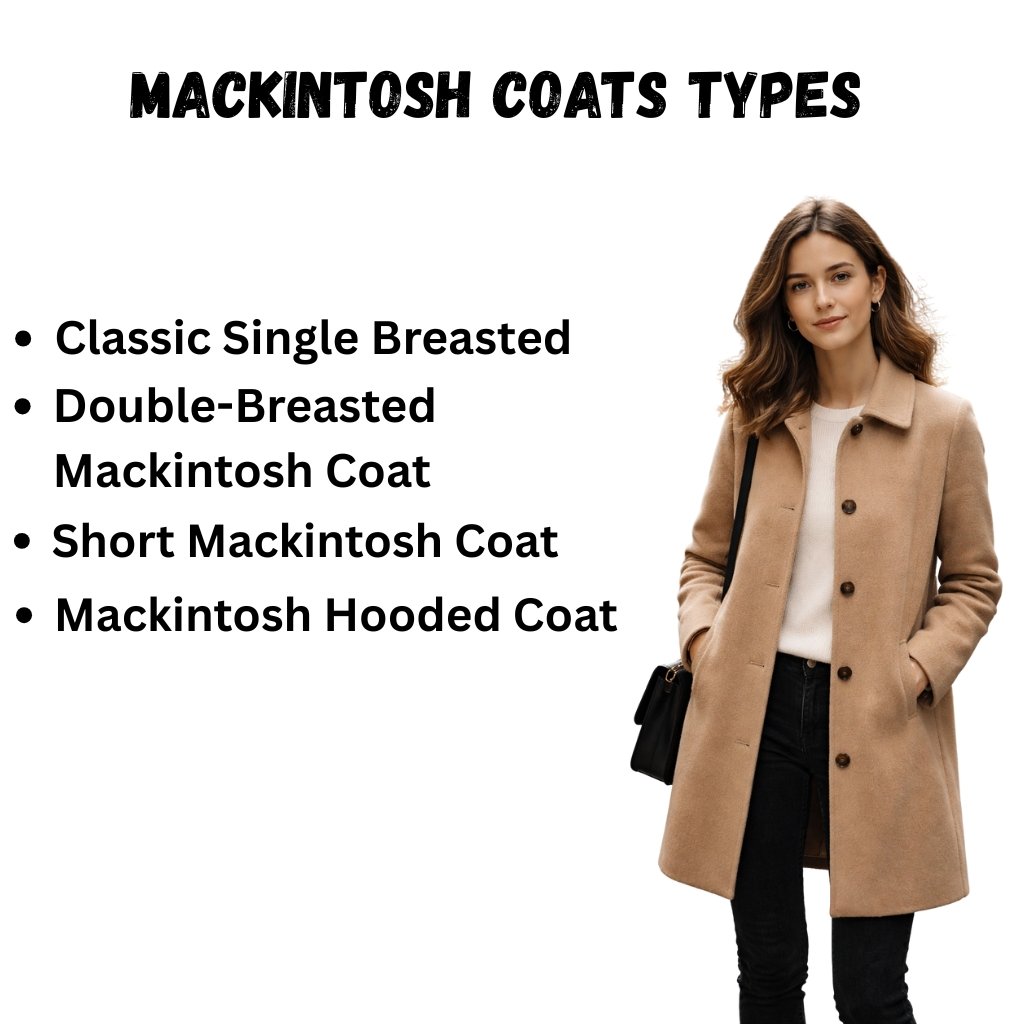 Slide showing the title MacKintosh Coats Types with a woman in a tan coat on the right and bullet list on the left: Classic Single Breasted, Double-Breasted Mackintosh Coat, Short Mackintosh Coat, Mackintosh Hooded Coat.
