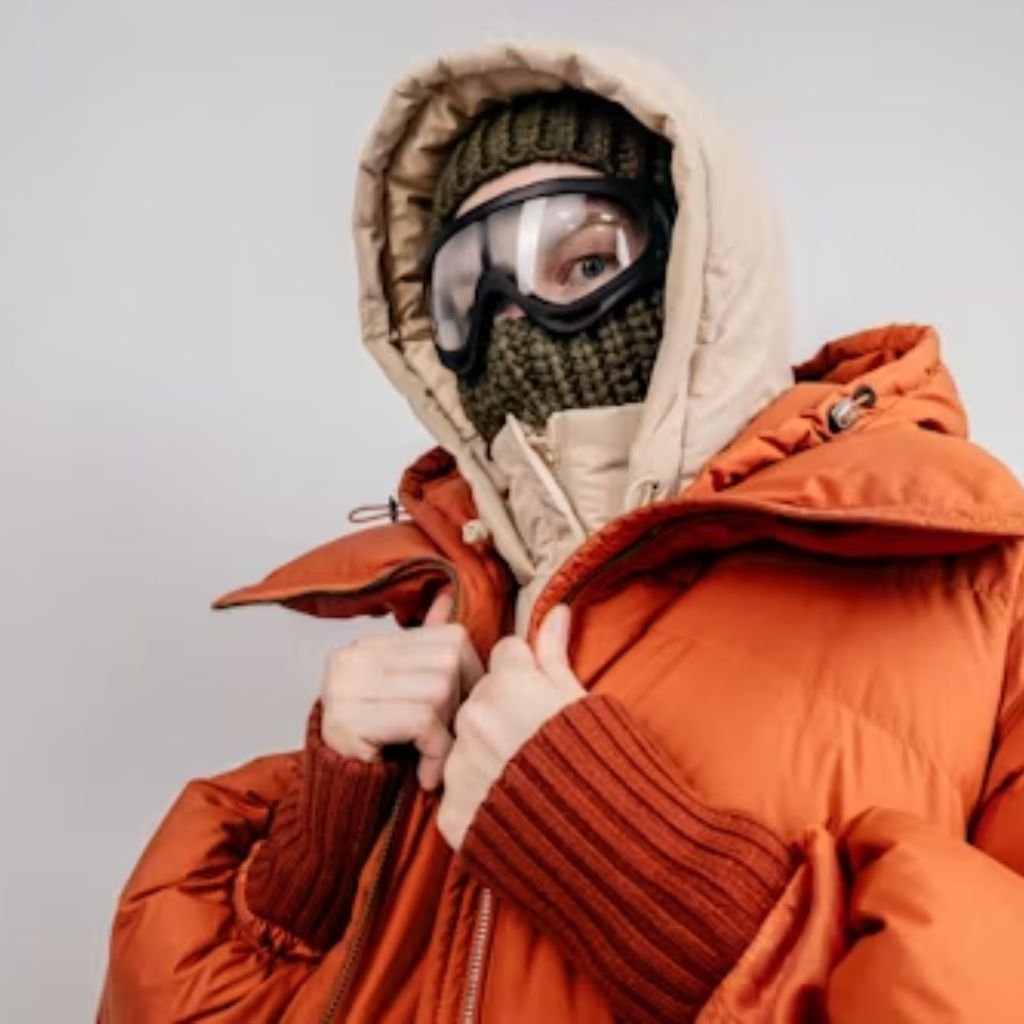 Person wearing an orange puffer jacket with a hood, layered winter clothing, a knit balaclava, and protective goggles, standing against a plain background.Military-Inspired Winter Jackets