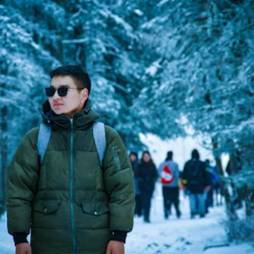 Person wearing a green puffer jacket and sunglasses stands on a snowy path with people walking behind them among snow-covered trees.Military-Inspired Winter Jackets