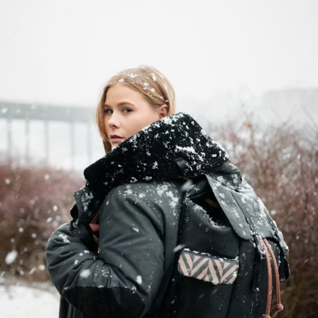 Person wearing a bright pink, cinched winter jacket posing in front of a metallic silver decorative background.Military-Inspired Winter Jackets (14)
