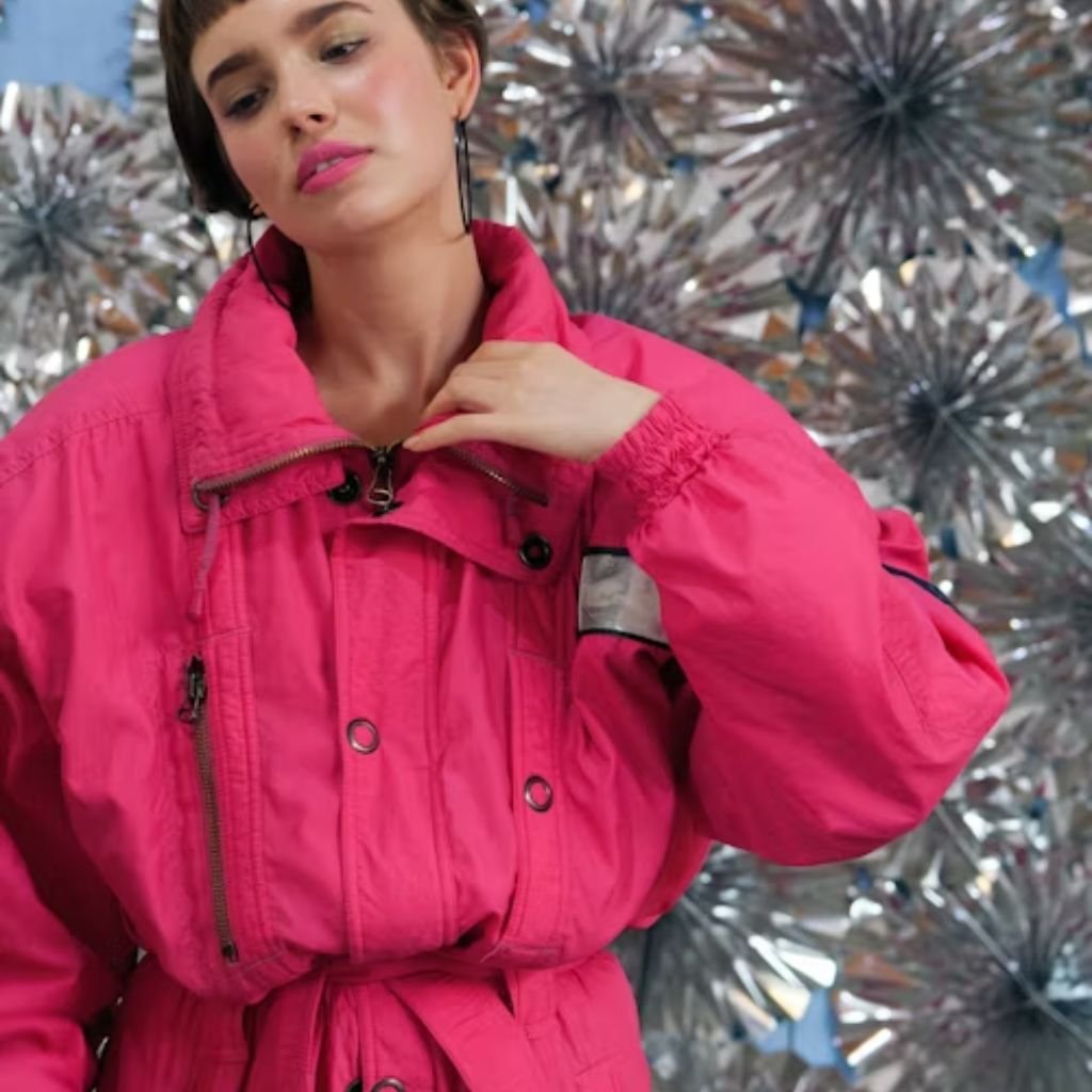A person wearing a bright pink winter jacket poses against a metallic, reflective backdrop.Military-Inspired Winter Jackets
