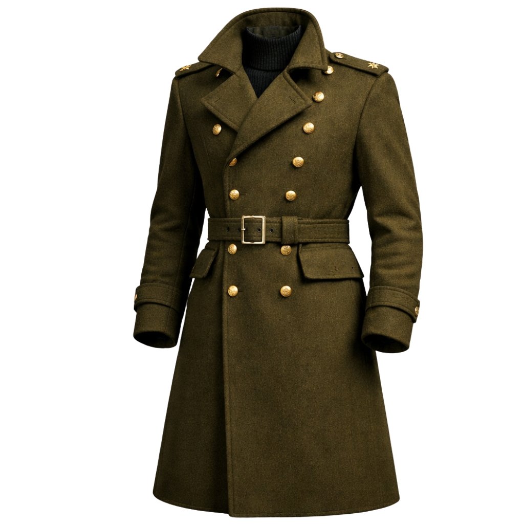A olive-green military-style overcoat with a double-breasted front, gold buttons, a belt at the waist, and turned-up cuffs. The coat has epaulettes and a structured, long silhouette.

