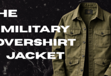 Military Overshirt Jacket: Rugged Style for Everyday Wear! A military-style olive-green overshirt/jacket displayed against a dark marbled background.