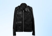 Modern ZIP Up Leather Jacket: Sleek Style for Everyday Wear readers): A sleek black leather jacket with a front zipper, multiple utility pockets, and epaulettes on the shoulders, showcased against a light blue gradient background.