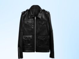 readers): A sleek black leather jacket with a front zipper, multiple utility pockets, and epaulettes on the shoulders, showcased against a light blue gradient background.