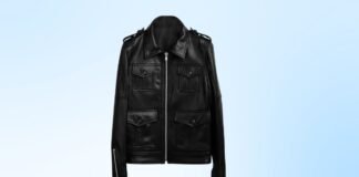 Modern ZIP Up Leather Jacket: Sleek Style for Everyday Wear readers): A sleek black leather jacket with a front zipper, multiple utility pockets, and epaulettes on the shoulders, showcased against a light blue gradient background.