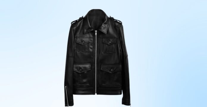 readers): A sleek black leather jacket with a front zipper, multiple utility pockets, and epaulettes on the shoulders, showcased against a light blue gradient background.