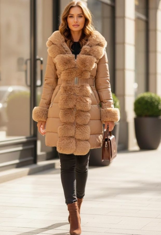 A stylish woman walks outdoors in a tan fox-fur-trimmed winter coat with a chunky fur collar and cuffs. She carries a small brown handbag and wears black leggings with brown suede ankle boots, exuding polished winter elegance.