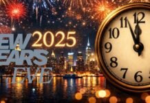 New Year’s Eve- Meaning, History, Traditions & Celebrations 2025 Fireworks over a city skyline at night with a large antique clock showing near midnight. The bold text 'New Year's Eve' overlays the foreground
