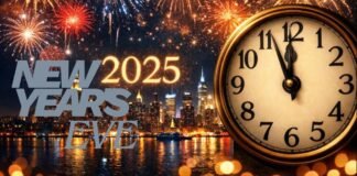 New Year’s Eve- Meaning, History, Traditions & Celebrations 2025 Fireworks over a city skyline at night with a large antique clock showing near midnight. The bold text 'New Year's Eve' overlays the foreground
