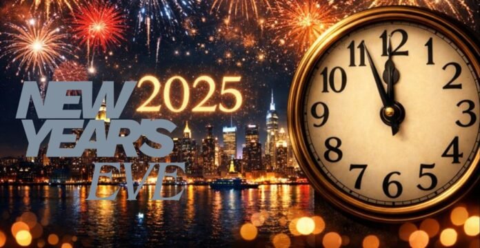 Fireworks over a city skyline at night with a large antique clock showing near midnight. The bold text 'New Year's Eve' overlays the foreground