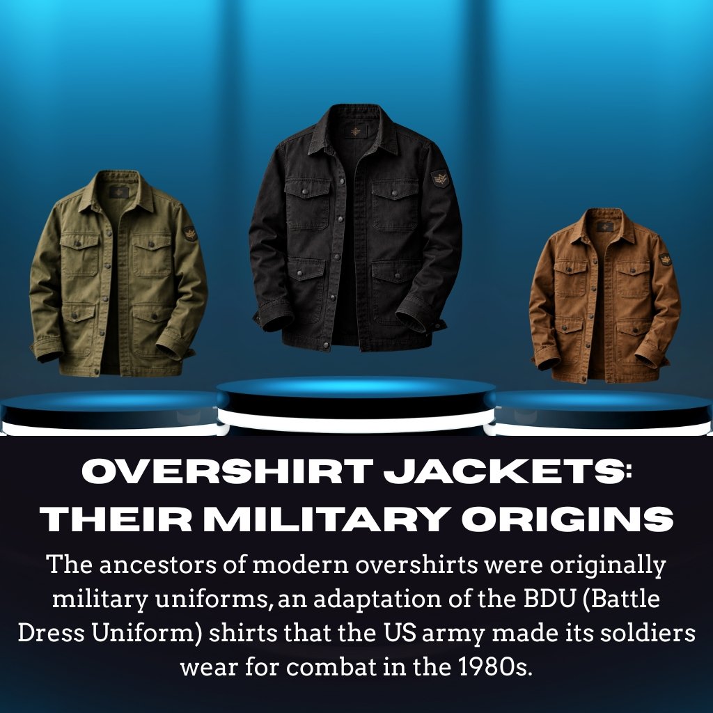 Three oversized jackets in olive, black, and brown displayed on circular platforms against a blue gradient backdrop, with bold white text below reading ‘Overshirt Jackets: Their Military Origins’.”
