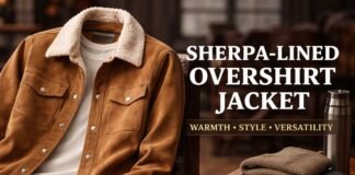 Why the Sherpa-Lined Overshirt Jacket Is a Winter Essential A tan shearling-lined overshirt/jacket displayed on a hanger with a white inner shirt. The scene includes a cozy workspace vibe with folded sweaters and a thermos in the background. Text on the image reads “SHERPA-LINED OVERSHIRT JACKET” and a subtitle “WARMTH • STYLE • VERSATILITY.”