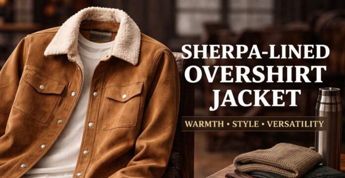 A tan shearling-lined overshirt/jacket displayed on a hanger with a white inner shirt. The scene includes a cozy workspace vibe with folded sweaters and a thermos in the background. Text on the image reads “SHERPA-LINED OVERSHIRT JACKET” and a subtitle “WARMTH • STYLE • VERSATILITY.”