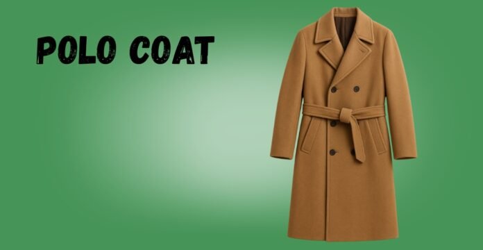 A camel-colored belted wool coat with a double-breasted front, displayed against a green gradient background.