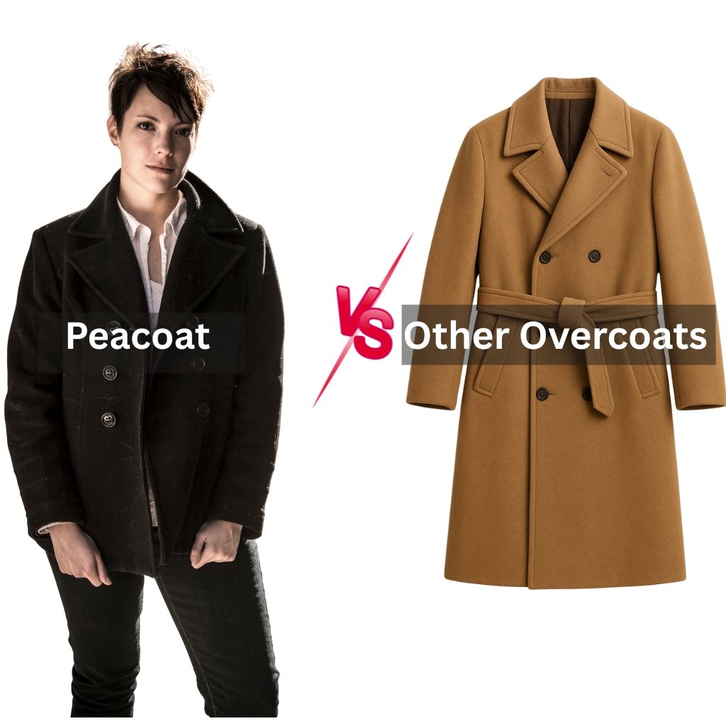 A side-by-side comparison of two coats: a black Peacoat on the left worn by a person, and a camel Polo Coat on the right with a belt. A pink “VS” graphic sits between them.

