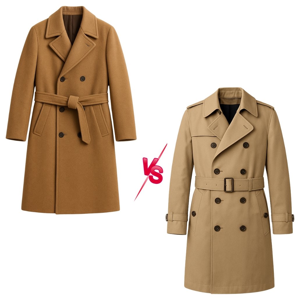 A side-by-side comparison of two coats: a camel-colored Polo Coat on the left with a belt, and a tan Chesterfield Coat on the right with a double-breasted front and belt. A pink “VS” graphic sits between them.

