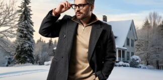 Polo Topcoat: The Perfect Blend of Comfort, Warmth & Fashion A stylish man wearing a dark overcoat and beige sweater stands in a snowy landscape in front of a house, adjusting his glasses. Polo Topcoat