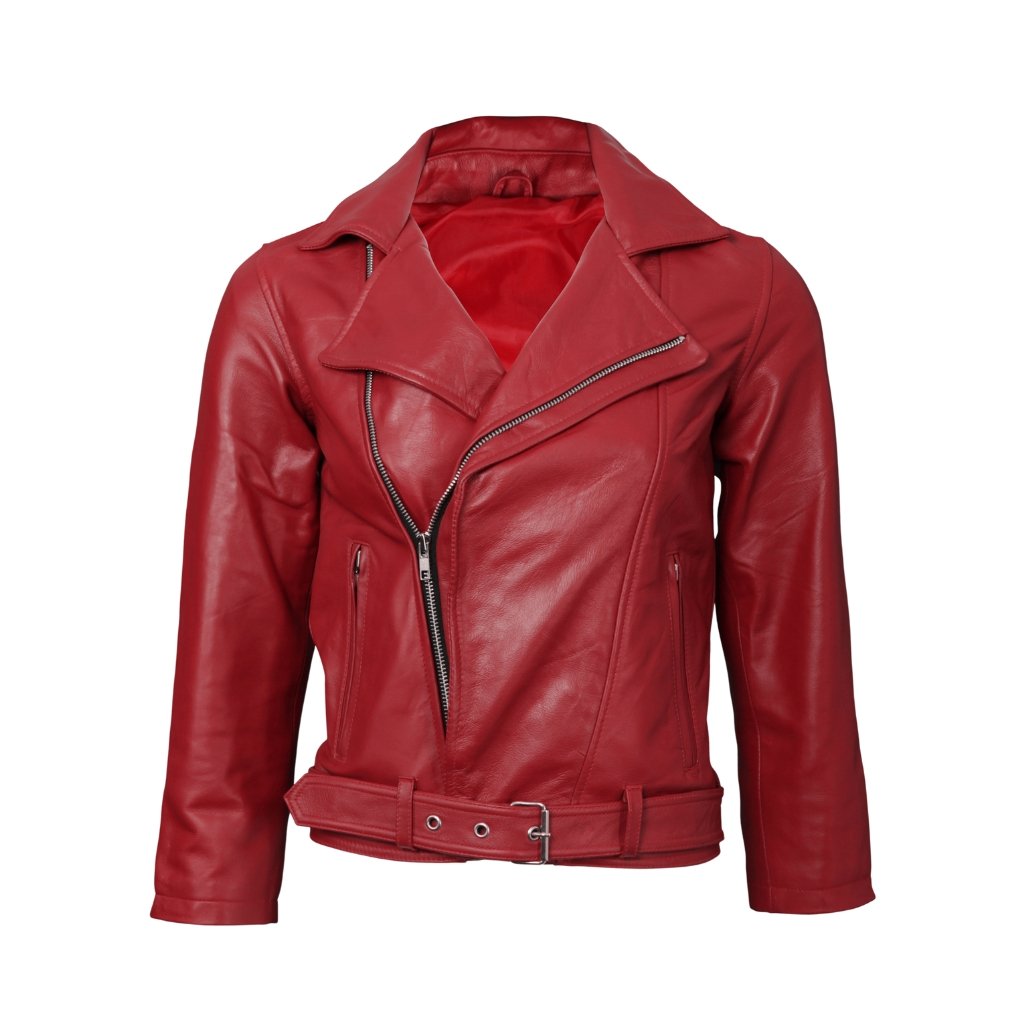 Red heavy leather motorcycle jacket with an asymmetrical front zipper, wide lapels, zippered pockets, and a belted waist.