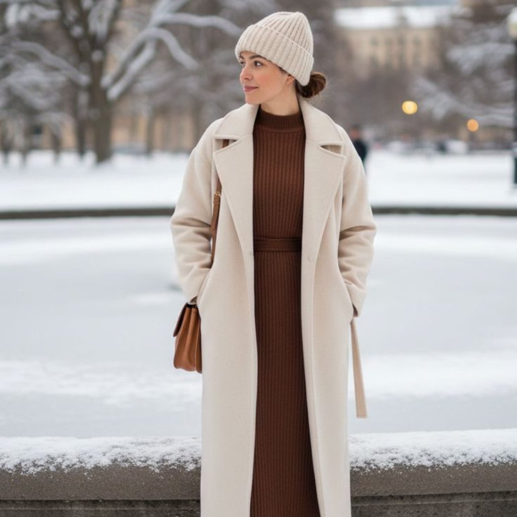 A stylish woman stands outdoors in a snowy urban park, wearing a cream long coat over a brown ribbed knit dress, a cream beanie, and carrying a brown handbag. She looks off to the side, hands in her coat pockets.