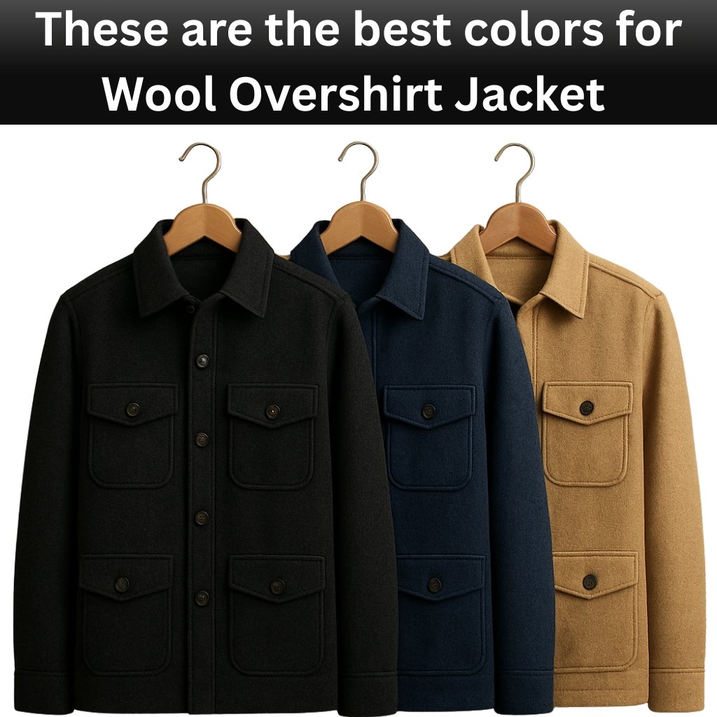 Wool Overshirt Jackets: Warmth and Style for Every Season 16 Three wool overshirt jackets in black, navy, and camel on wooden hangers.