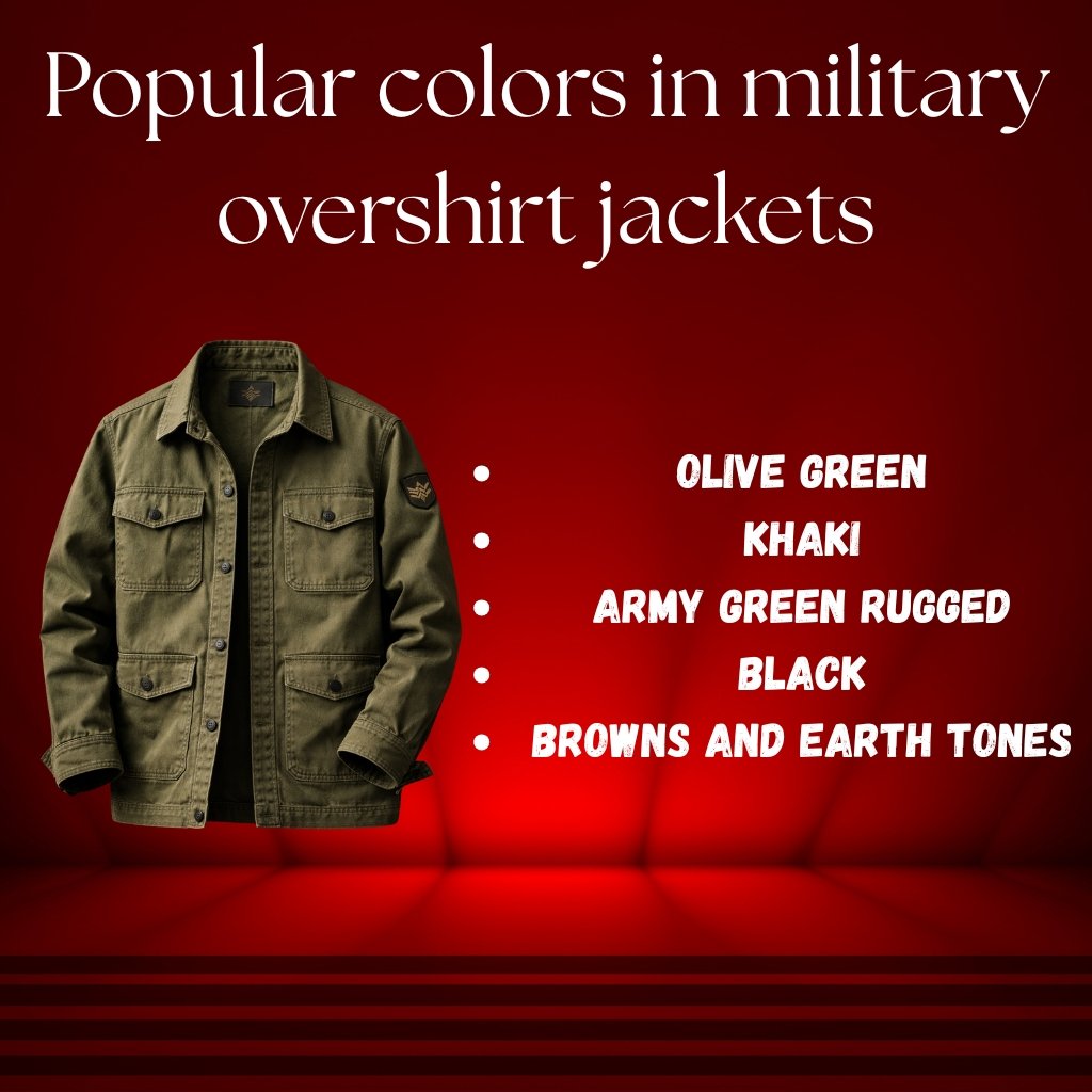 Olive-green military overshirt jacket displayed against a red gradient backdrop with a bullet-point list of popular colors: Olive Green, Khaki, Army Green Rugged, Black, Browns and Earth Tones.