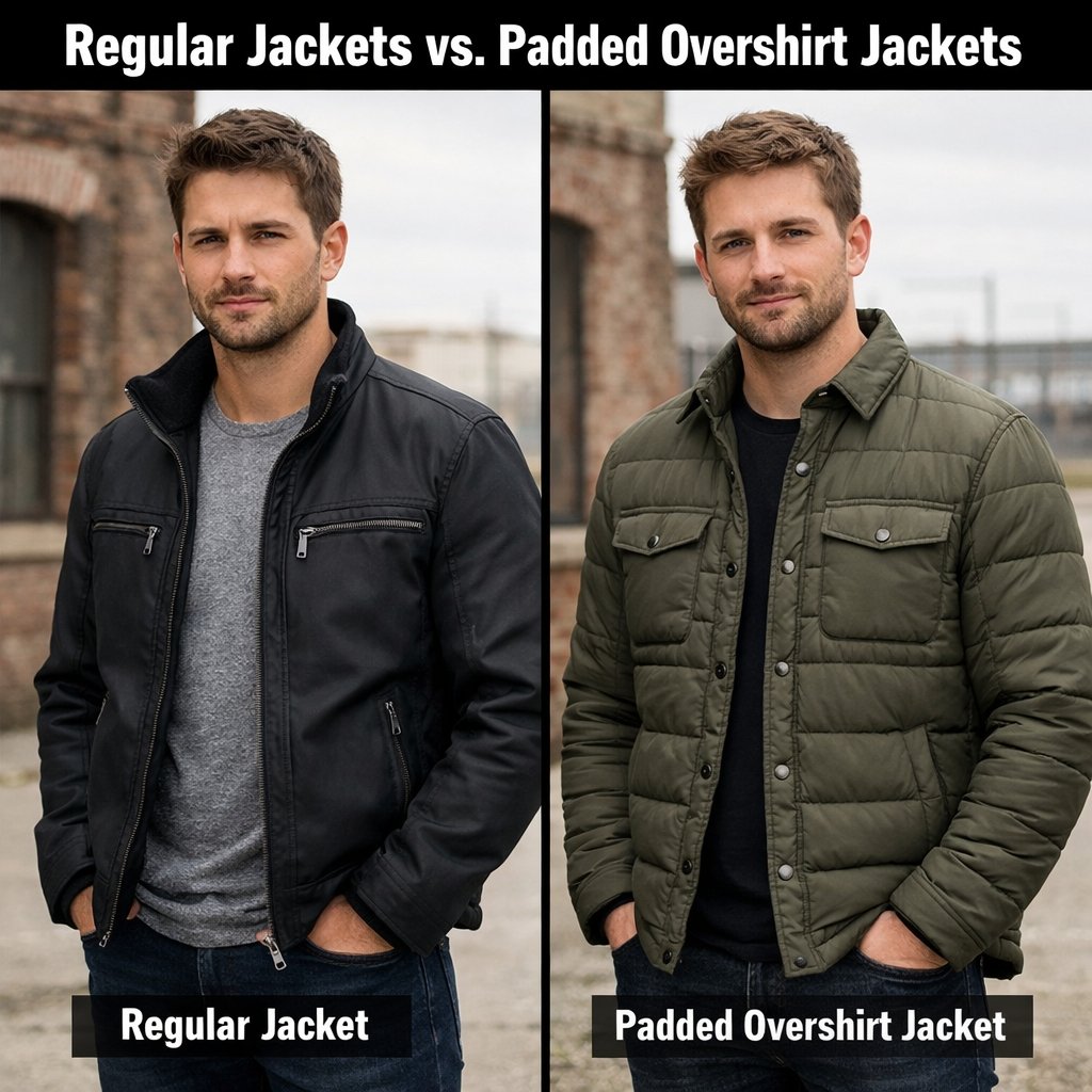 A man models two jackets side by side: a black regular jacket on the left and an olive padded overshirt jacket on the right.
