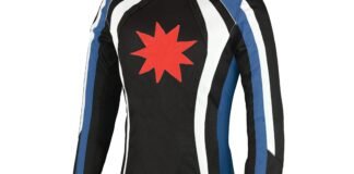 Retro Leather Jacket: Vintage Fashion with Modern Comfort "Black retro leather jacket with white, blue, and black striped panels, red starburst emblem on the chest, and color-block design on the sleeves.
