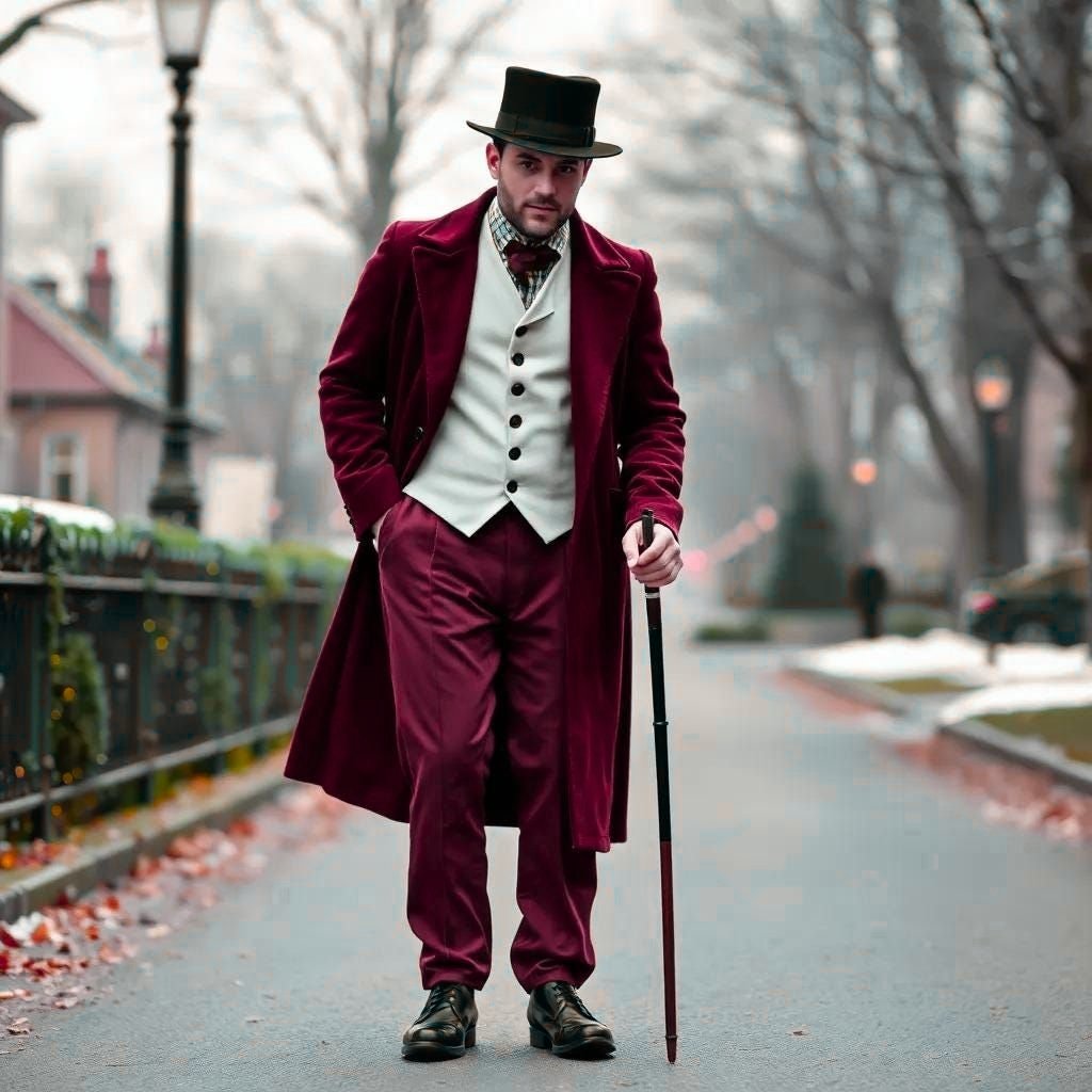 A man walks down a leaf-strewn street wearing a vintage burgundy velvet suit with a long matching coat, a light waistcoat, a bowtie, a black top hat, and a cane.