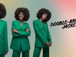 Three women wearing green double-breasted jackets styled in modern tailored suits against a soft gradient background.Double-Breasted Wool Jackets: