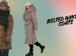 Two women wearing belted winter coats, one in a brown hooded parka and the other in a long taupe belted puffer coat, styled for cold weather.Belted Winter Coats