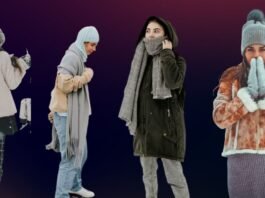 A group of four women dressed in warm winter clothing, each wearing layered outfits with coats, scarves, hats, and gloves, standing against a dark gradient background.Monochrome winter outfits