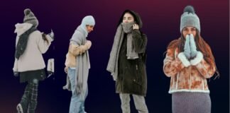 Monochrome Winter Outfits: The Chic Trend Everyone’s Wearing A group of four women dressed in warm winter clothing, each wearing layered outfits with coats, scarves, hats, and gloves, standing against a dark gradient background.Monochrome winter outfits